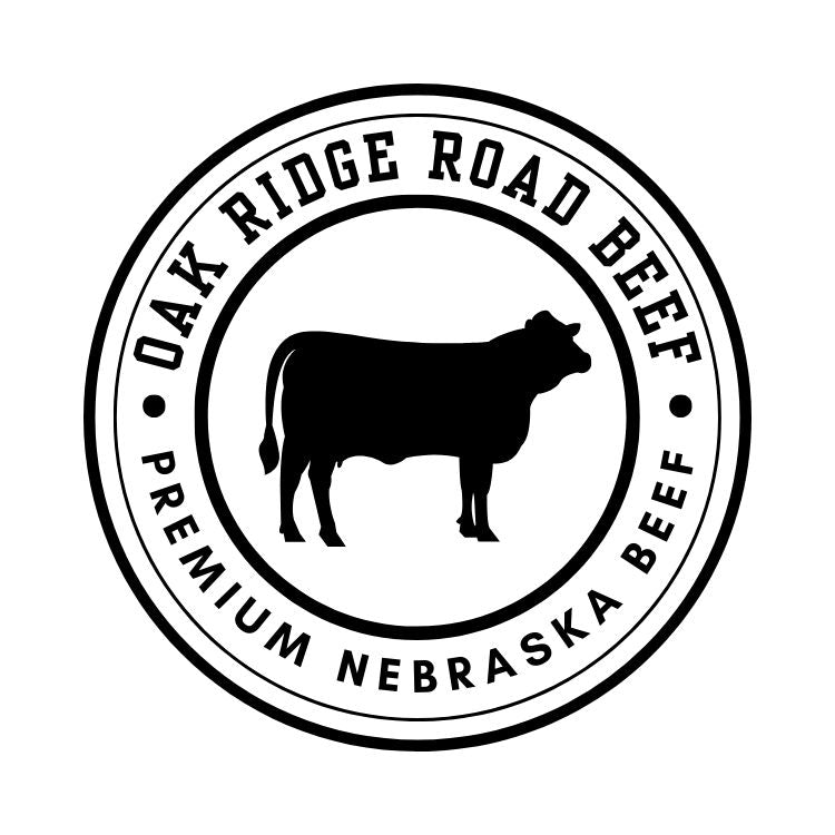 Logo for Oak Ridge Road Beef with a cow silhouette and text on a white background