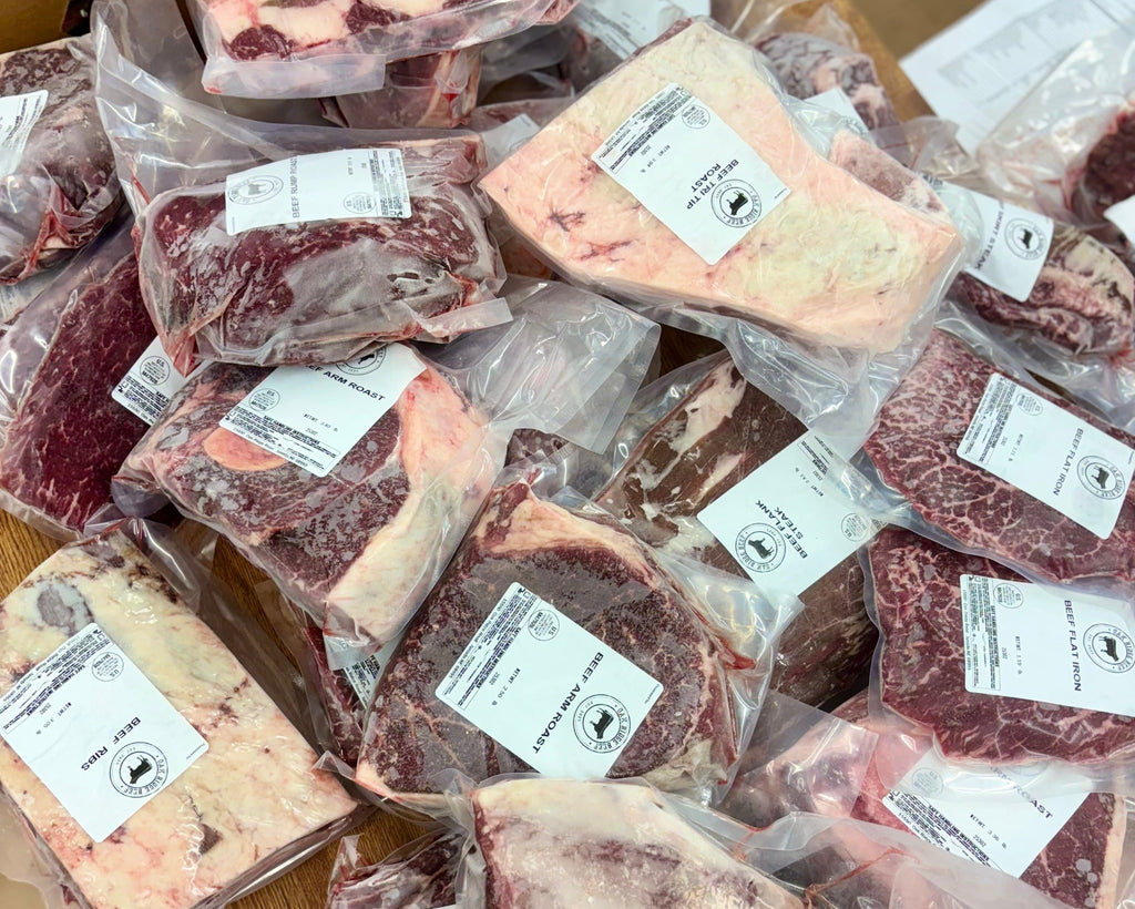 Premium steak and hamburger beef box grass-fed grain-finished Nebraska beef ribeye NY strip filet ground beef