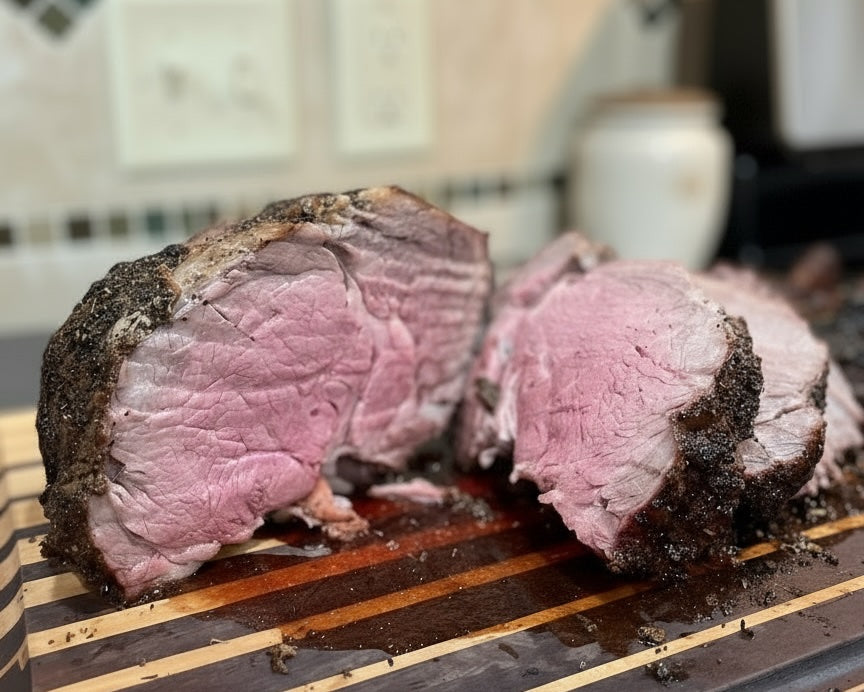 Cooked prime rib Nebraska grass fed grain finished beef